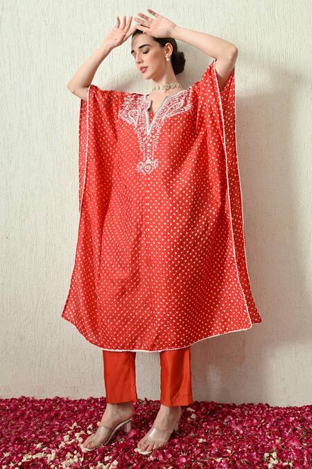 Shop OHH CROW Orange , Chanderi Embroidery V-neck Bandhani Print Kaftan And Pant Set Shop_OHH CROW_Orange , Chanderi Embroidery V-neck Bandhani Print Kaftan And Pant Set
