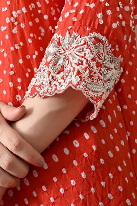 OHH CROW Orange , Chanderi Embroidery V-neck Bandhani Kaftan And Pant Set Online at Aza Fashions OHH CROW_Orange , Chanderi Embroidery V-neck Bandhani Kaftan And Pant Set _Online_at_Aza_Fashions