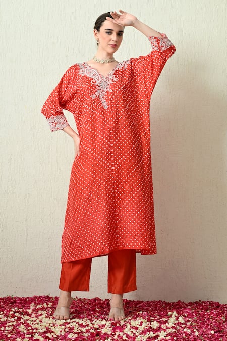 OHH CROW Bandhani Kaftan & Chanderi Silk Pant Set 