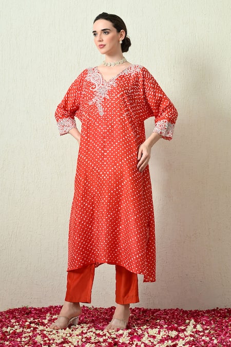 Buy OHH CROW Orange , Chanderi Embroidery V-neck Bandhani Kaftan And Pant Set Buy_OHH CROW_Orange , Chanderi Embroidery V-neck Bandhani Kaftan And Pant Set