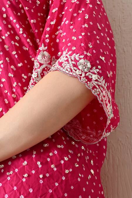OHH CROW_Pink , Chanderi Embroidery, Zari V-neck Bandhani Kaftan And Pant Set _Online_at_Aza_Fashions
