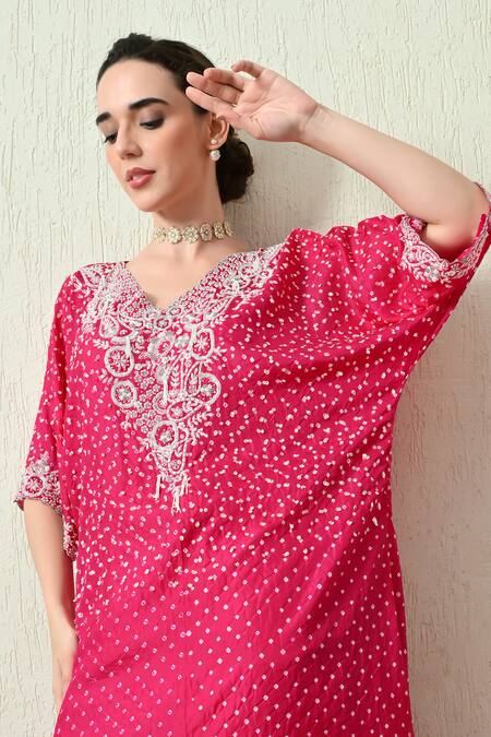 Shop_OHH CROW_Pink , Chanderi Embroidery, Zari V-neck Bandhani Kaftan And Pant Set _Online_at_Aza_Fashions