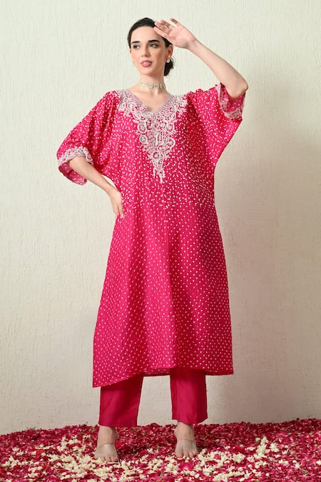 OHH CROW Bandhani Kaftan & Chanderi Silk Pant Set 