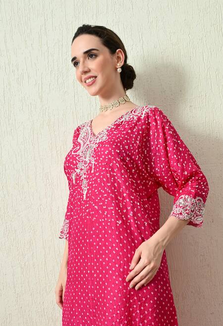 OHH CROW_Pink Chanderi Silk Embroidery V-neck Bandhani Kaftan And Pant Set _Online_at_Aza_Fashions