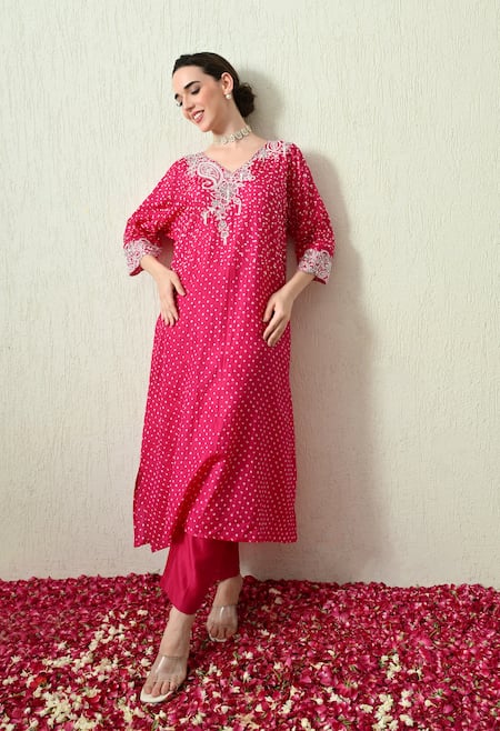 OHH CROW Bandhani Kaftan & Chanderi Silk Pant Set 