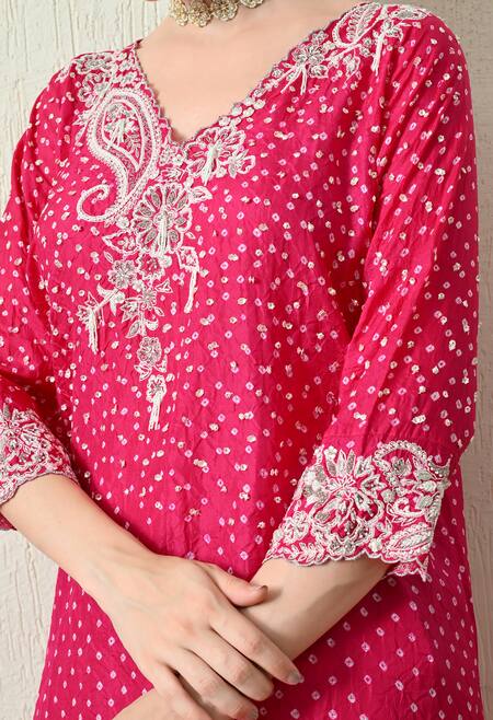 OHH CROW_Pink Chanderi Silk Embroidery V-neck Bandhani Kaftan And Pant Set _at_Aza_Fashions