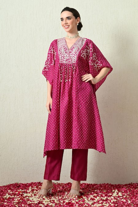 OHH CROW Bandhani Kaftan & Chanderi Pant Set 