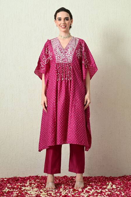 OHH CROW_Magenta , Chanderi Embroidery, Sequins Bandhani Kaftan And Pant Set _Online_at_Aza_Fashions