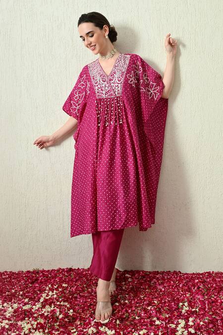 Buy_OHH CROW_Magenta , Chanderi Embroidery, Sequins Bandhani Kaftan And Pant Set _Online_at_Aza_Fashions