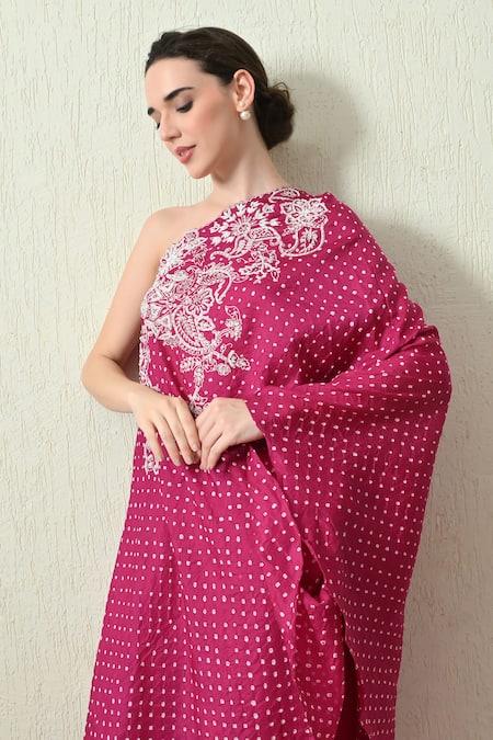 OHH CROW_Magenta , Chanderi Embroidery One Shoulder Bandhani Kaftan And Pant Set _Online_at_Aza_Fashions