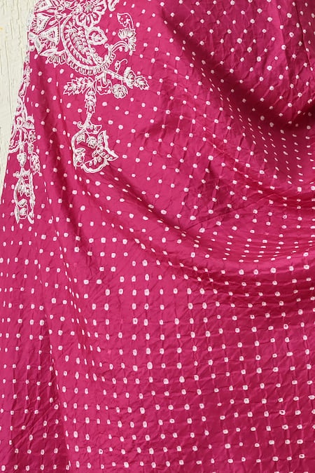 Buy_OHH CROW_Magenta , Chanderi Embroidery One Shoulder Bandhani Kaftan And Pant Set _Online_at_Aza_Fashions