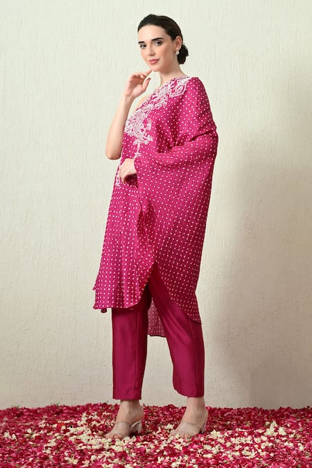OHH CROW_Magenta , Chanderi Embroidery One Shoulder Bandhani Kaftan And Pant Set _at_Aza_Fashions
