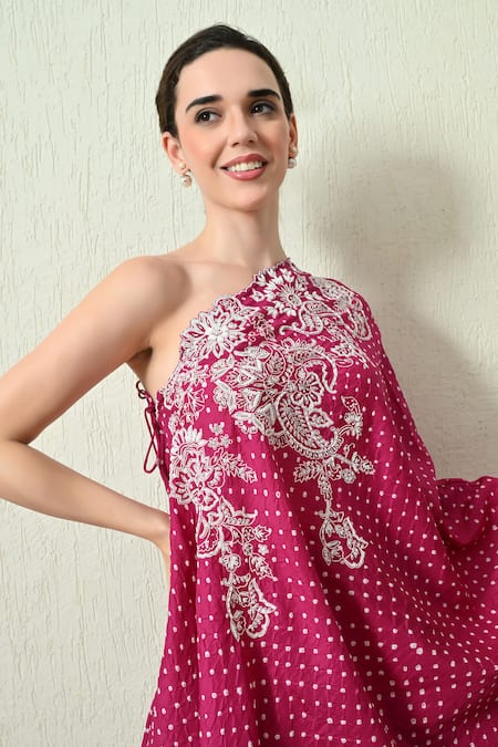 Buy_OHH CROW_Magenta , Chanderi Embroidery One Shoulder Bandhani Kaftan And Pant Set 