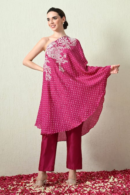 Shop_OHH CROW_Magenta , Chanderi Embroidery One Shoulder Bandhani Kaftan And Pant Set 