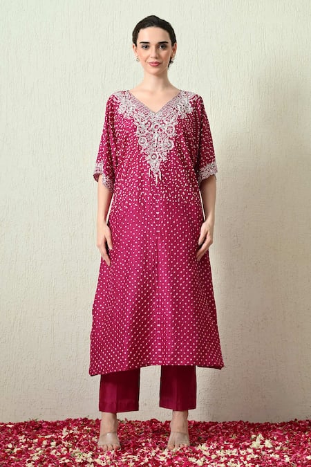 Shop_OHH CROW_Magenta Chanderi Silk Embroidery, Zari V-neck Bandhani Kaftan And Pant Set _Online_at_Aza_Fashions