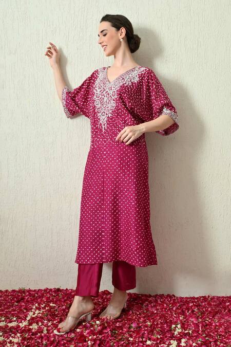 OHH CROW_Magenta Chanderi Silk Embroidery, Zari V-neck Bandhani Kaftan And Pant Set _at_Aza_Fashions