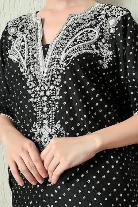 Shop_OHH CROW_Black , Chanderi Embroidery V-neck Bandhani Print Kaftan And Pant Set _Online_at_Aza_Fashions