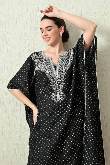OHH CROW_Black , Chanderi Embroidery V-neck Bandhani Print Kaftan And Pant Set _at_Aza_Fashions
