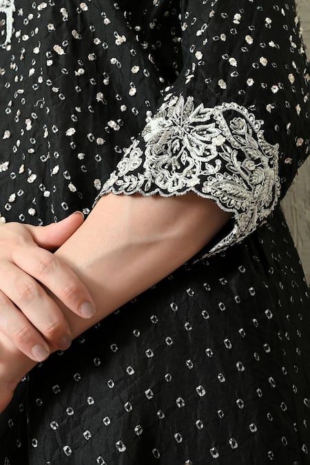 OHH CROW_Black , Chanderi Embroidery V-neck Bandhani Pattern Kaftan And Pant Set _Online_at_Aza_Fashions