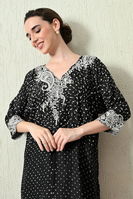 Buy_OHH CROW_Black , Chanderi Embroidery V-neck Bandhani Pattern Kaftan And Pant Set _Online_at_Aza_Fashions