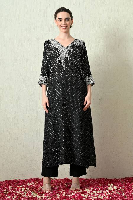 Shop_OHH CROW_Black , Chanderi Embroidery V-neck Bandhani Pattern Kaftan And Pant Set _Online_at_Aza_Fashions