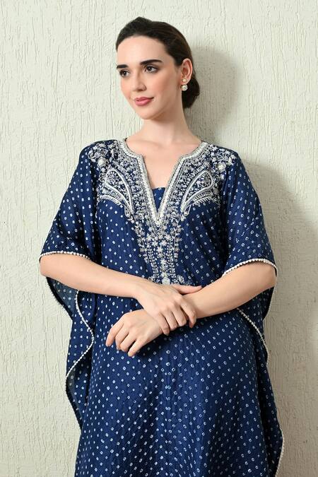 Buy_OHH CROW_Navy , Chanderi Embroidery V-neck Printed Kaftan And Pant Set _Online_at_Aza_Fashions