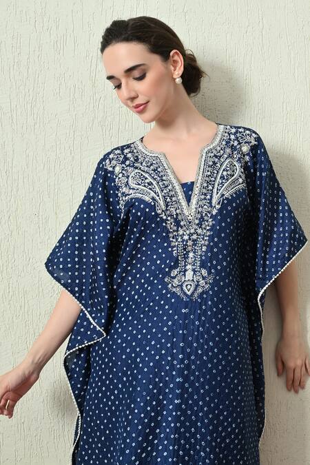 Shop_OHH CROW_Navy , Chanderi Embroidery V-neck Printed Kaftan And Pant Set _Online_at_Aza_Fashions
