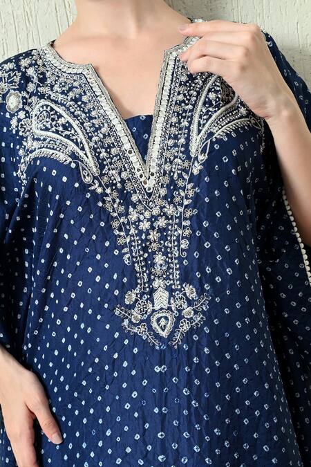 OHH CROW_Navy , Chanderi Embroidery V-neck Printed Kaftan And Pant Set _at_Aza_Fashions