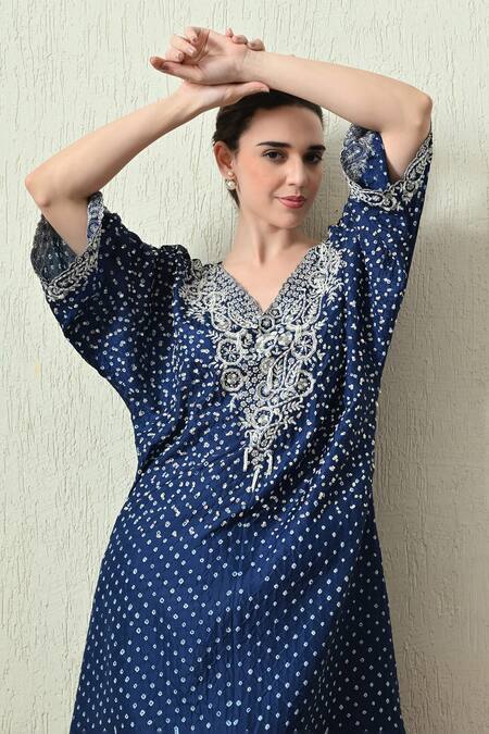 OHH CROW_Blue Gingham, Chanderi Silk Embroidery, Zari V-neck Bandhani Kaftan And Pant Set _Online_at_Aza_Fashions