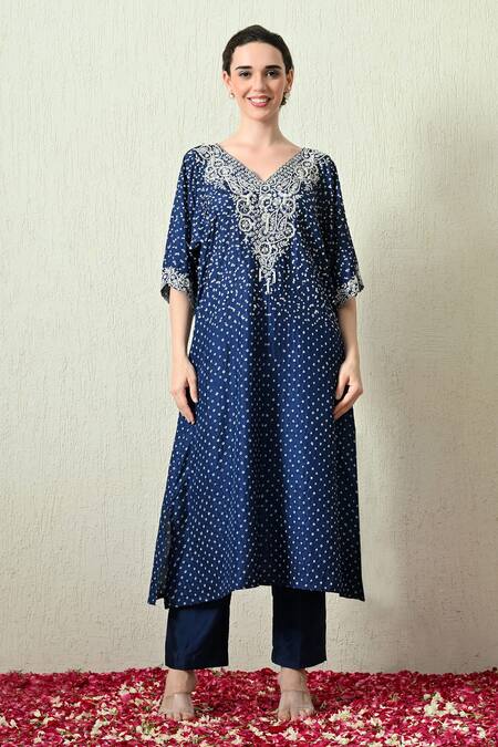 Shop_OHH CROW_Blue Gingham, Chanderi Silk Embroidery, Zari V-neck Bandhani Kaftan And Pant Set _Online_at_Aza_Fashions
