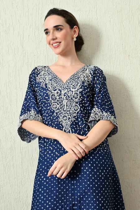 OHH CROW_Blue Gingham, Chanderi Silk Embroidery, Zari V-neck Bandhani Kaftan And Pant Set _at_Aza_Fashions