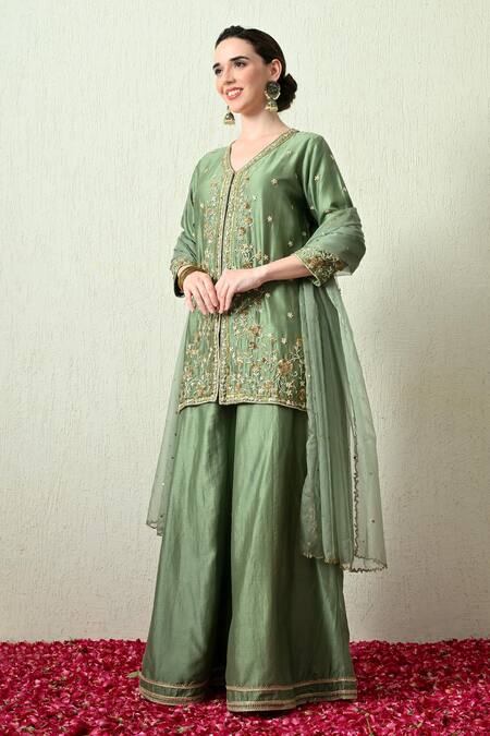 OHH CROW_Green Chanderi Silk, Organza Embroidery, Zari V-neck Kurta And Sharara Set _Online_at_Aza_Fashions
