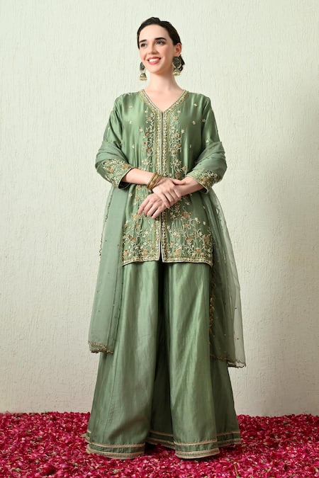 OHH CROW Embroidered Chanderi Silk Kurta & Sharara Set 