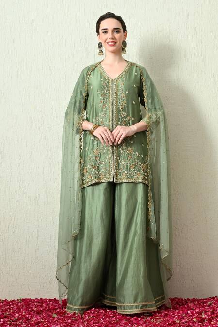 Buy_OHH CROW_Green Chanderi Silk, Organza Embroidery, Zari V-neck Kurta And Sharara Set _Online_at_Aza_Fashions