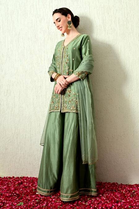 Shop_OHH CROW_Green Chanderi Silk, Organza Embroidery, Zari V-neck Kurta And Sharara Set _Online_at_Aza_Fashions