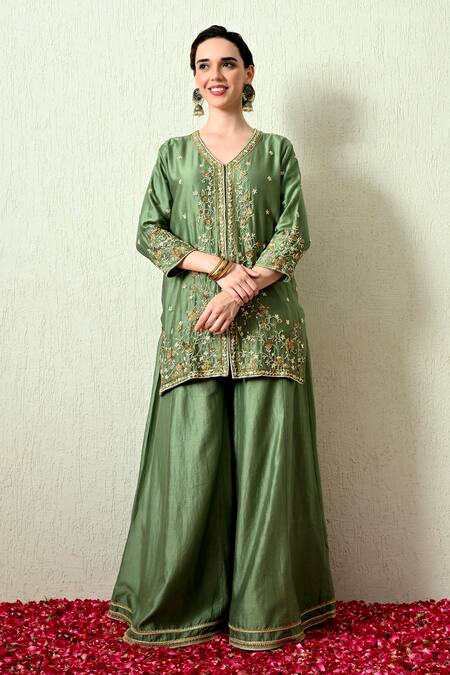 OHH CROW_Green Chanderi Silk, Organza Embroidery, Zari V-neck Kurta And Sharara Set _at_Aza_Fashions