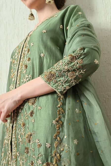 Shop_OHH CROW_Green Chanderi Silk, Organza Embroidery, Zari V-neck Kurta And Sharara Set 