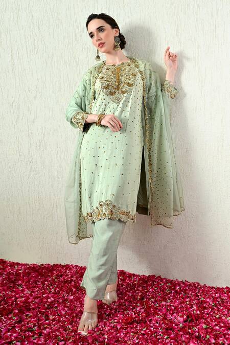 Buy OHH CROW Mint Chanderi Silk, Organza Embroidery, Sequins, Zari Round Neck Kurta Set Online at Aza Fashions Buy_OHH CROW_Mint Chanderi Silk, Organza Embroidery, Sequins, Zari Round Neck Kurta Set _Online_at_Aza_Fashions