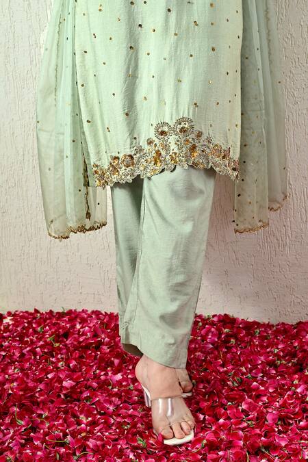 Shop OHH CROW Mint Chanderi Silk, Organza Embroidery, Sequins, Zari Round Neck Kurta Set Online at Aza Fashions Shop_OHH CROW_Mint Chanderi Silk, Organza Embroidery, Sequins, Zari Round Neck Kurta Set _Online_at_Aza_Fashions