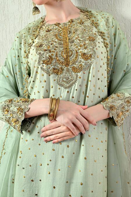 Buy OHH CROW Mint Chanderi Silk, Organza Embroidery, Sequins, Zari Round Neck Kurta Set Buy_OHH CROW_Mint Chanderi Silk, Organza Embroidery, Sequins, Zari Round Neck Kurta Set