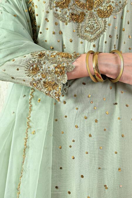 Shop OHH CROW Mint Chanderi Silk, Organza Embroidery, Sequins, Zari Round Neck Kurta Set Shop_OHH CROW_Mint Chanderi Silk, Organza Embroidery, Sequins, Zari Round Neck Kurta Set