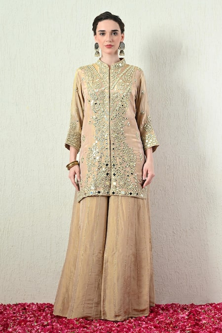 OHH CROW_Beige Tissue, Silk, Organza Mirrors, Embroidery Mandarin Kurta Sharara Set _Online_at_Aza_Fashions