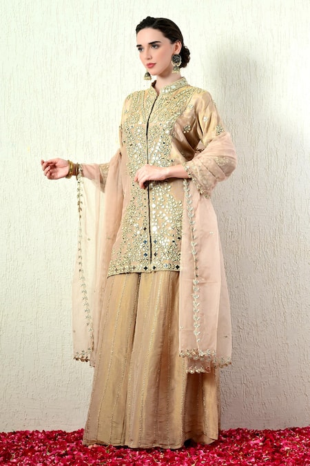 Buy_OHH CROW_Beige Tissue, Silk, Organza Mirrors, Embroidery Mandarin Kurta Sharara Set _Online_at_Aza_Fashions