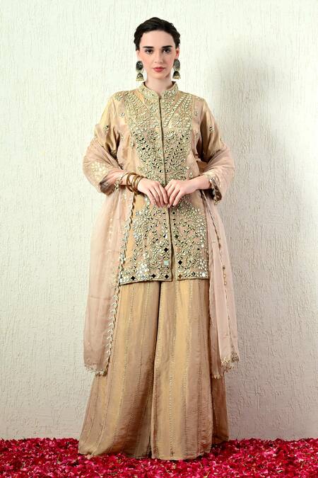 Shop_OHH CROW_Beige Tissue, Silk, Organza Mirrors, Embroidery Mandarin Kurta Sharara Set _Online_at_Aza_Fashions
