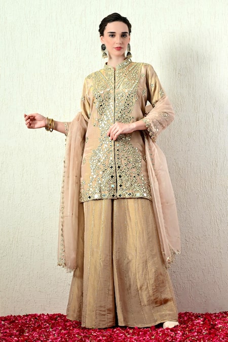 OHH CROW_Beige Tissue, Silk, Organza Mirrors, Embroidery Mandarin Kurta Sharara Set _at_Aza_Fashions