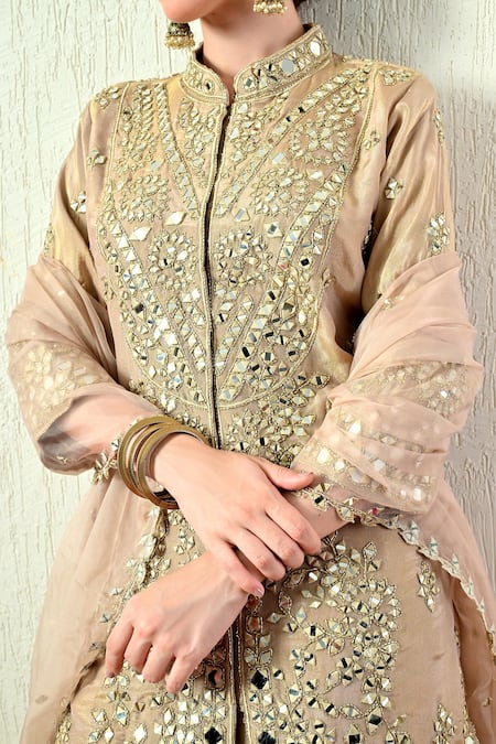 Buy_OHH CROW_Beige Tissue, Silk, Organza Mirrors, Embroidery Mandarin Kurta Sharara Set 