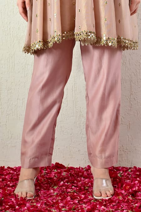 OHH CROW_Pink Tissue, Silk, Chanderi Silk, Organza Mirrors, Embroidered Peplum Kurta Set _Online_at_Aza_Fashions