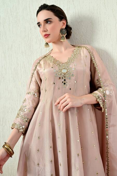 Buy_OHH CROW_Pink Tissue, Silk, Chanderi Silk, Organza Mirrors, Embroidered Peplum Kurta Set _Online_at_Aza_Fashions