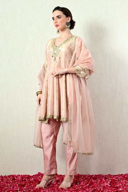 Shop_OHH CROW_Pink Tissue, Silk, Chanderi Silk, Organza Mirrors, Embroidered Peplum Kurta Set _Online_at_Aza_Fashions