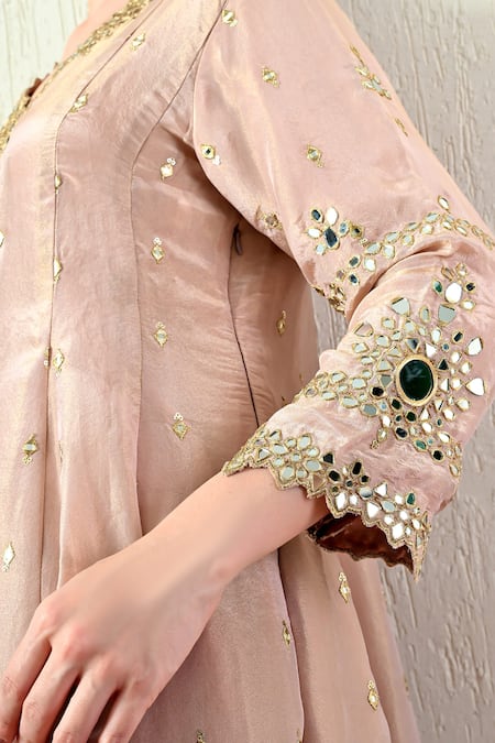 OHH CROW_Pink Tissue, Silk, Chanderi Silk, Organza Mirrors, Embroidered Peplum Kurta Set _at_Aza_Fashions